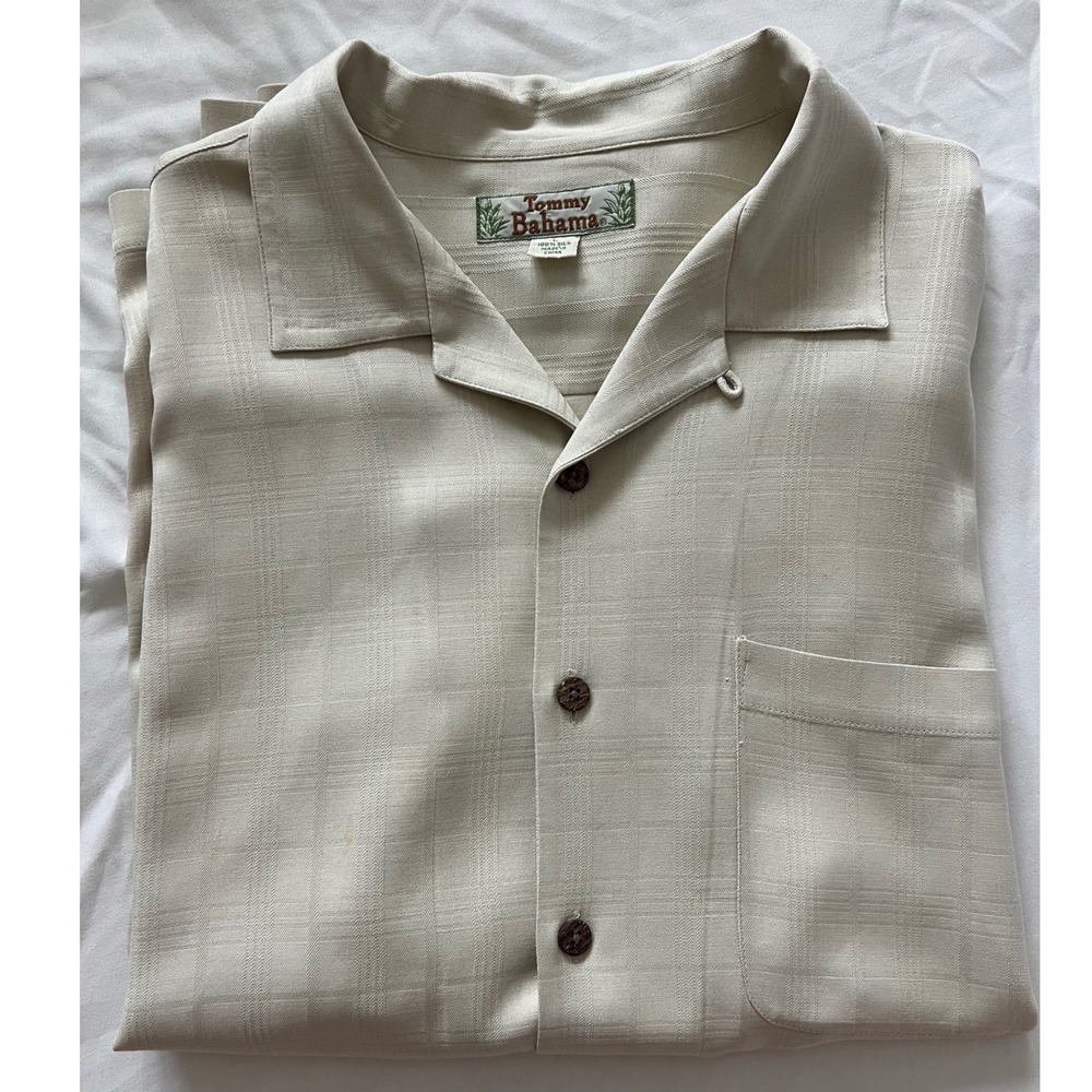 Tommy Bahama Mens Silk Camp Shirt Tan Beige Windowpane Plaid Short Sleeve L - Picture 8 of 8
